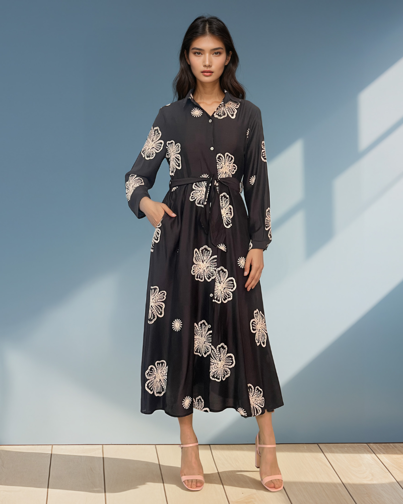 Rochie lungă brodată cu flori negru HL067