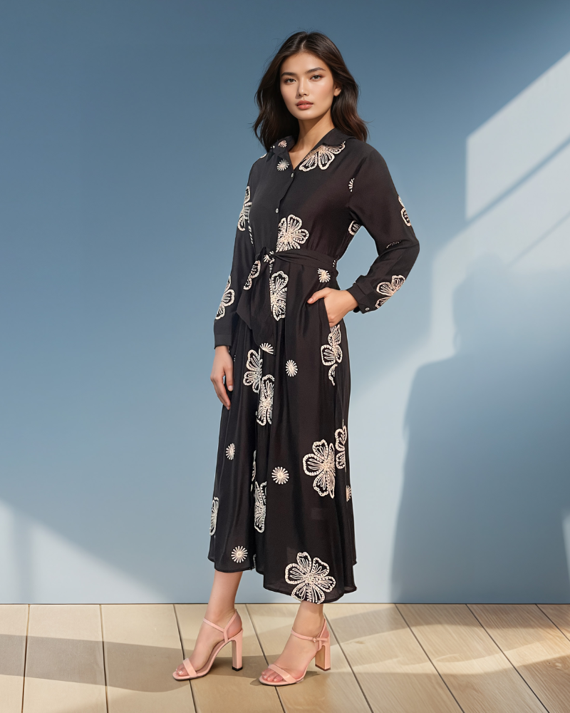 Rochie lungă brodată cu flori negru HL067