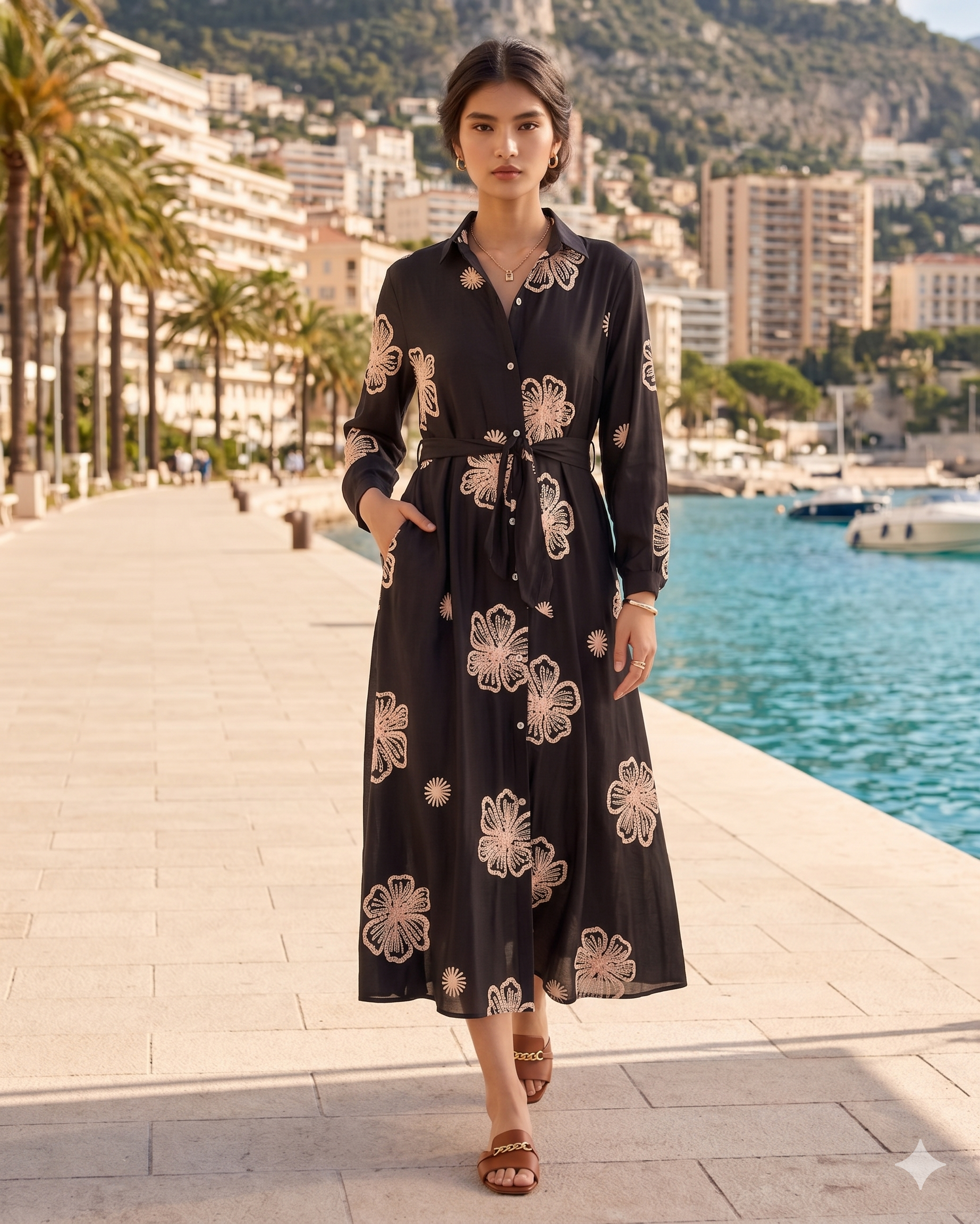 Rochie lungă brodată cu flori negru HL067