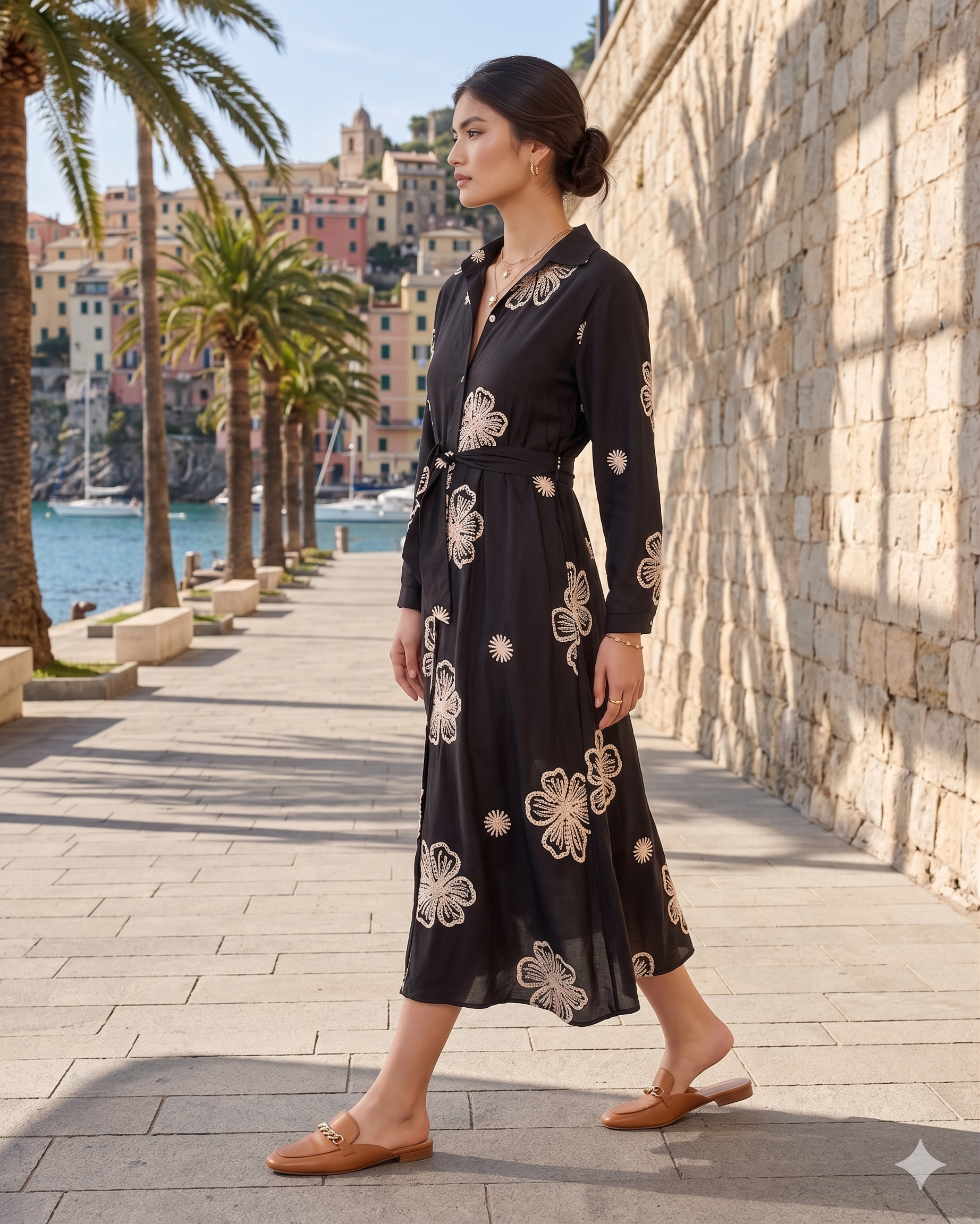 Rochie lungă brodată cu flori negru HL067