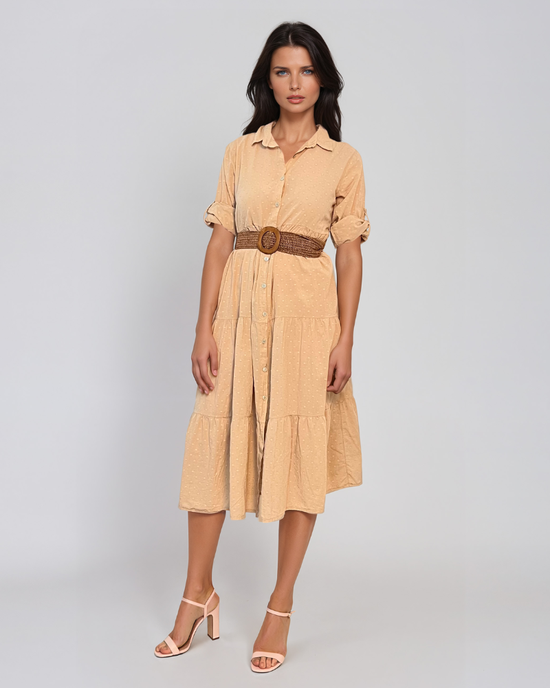 Rochie lungă cu buline mici și curea beige PR869