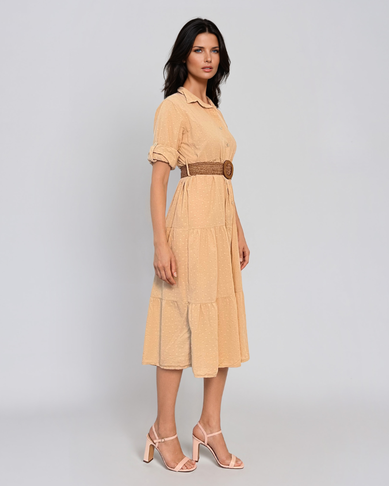 Rochie lungă cu buline mici și curea beige PR869