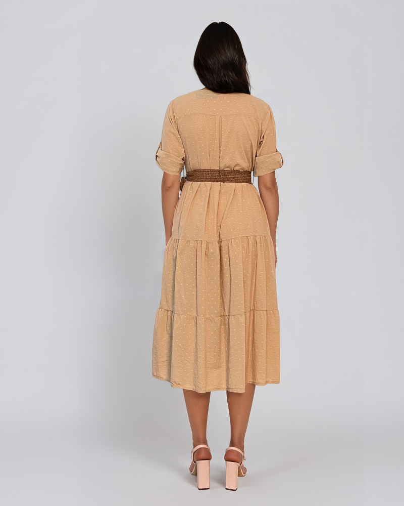 Rochie lungă cu buline mici și curea beige PR869
