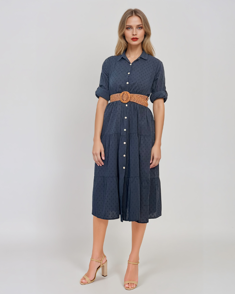 Rochie lungă cu buline mici și curea bleumarin PR869