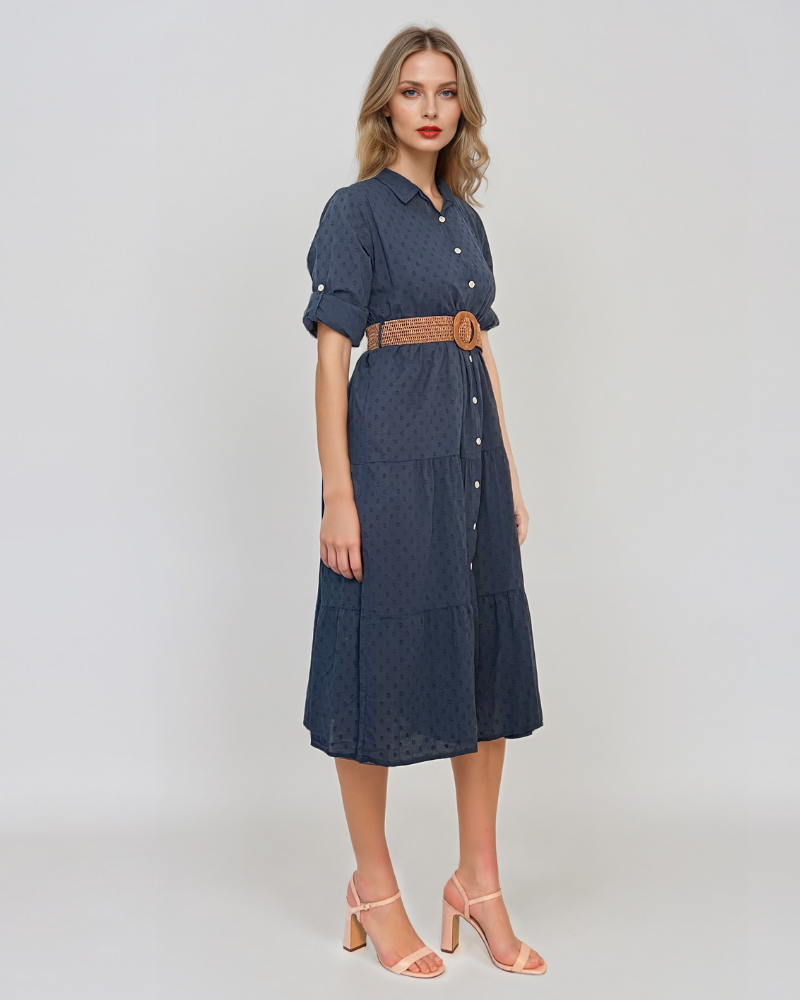 Rochie lungă cu buline mici și curea bleumarin PR869