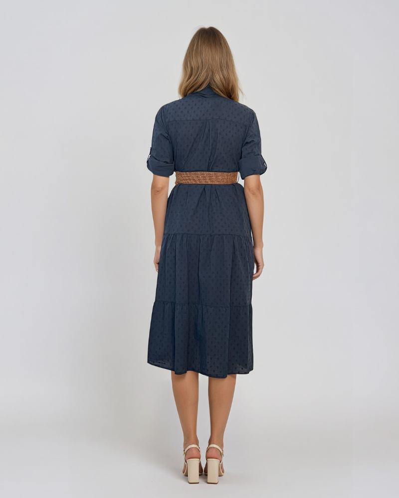 Rochie lungă cu buline mici și curea bleumarin PR869