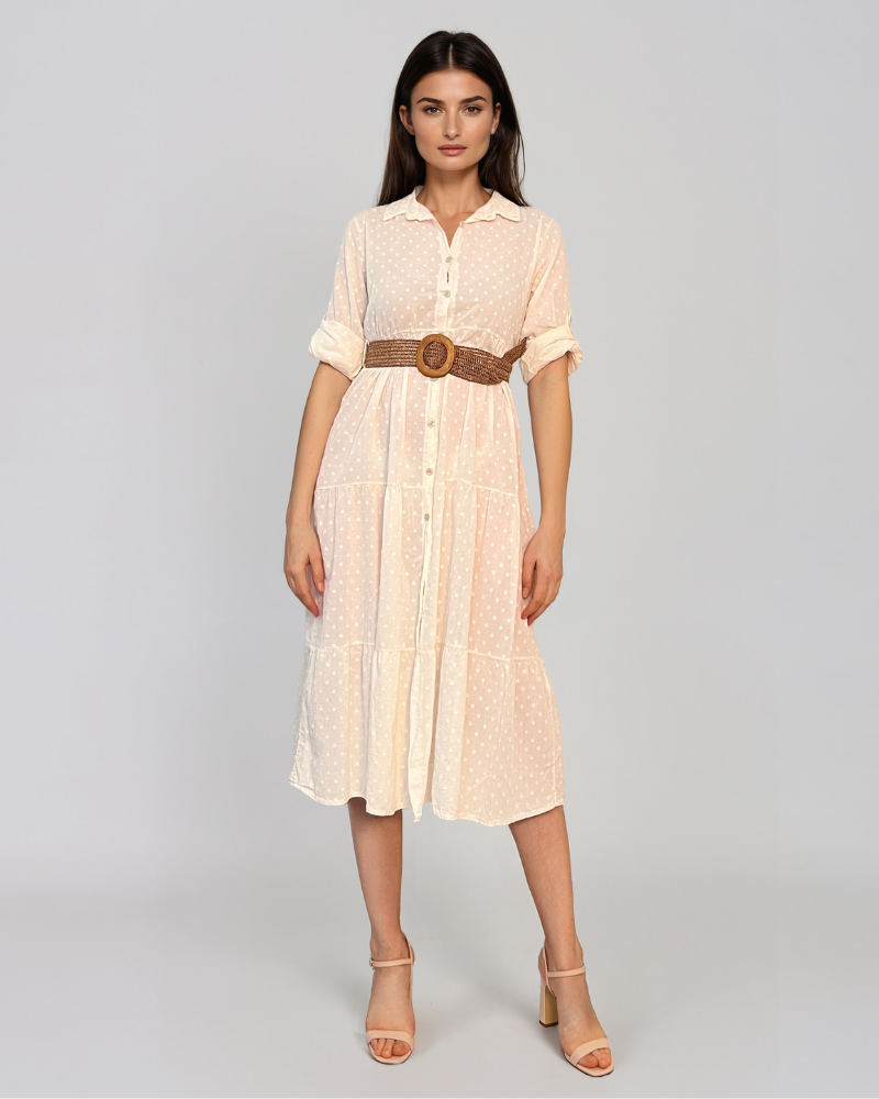 Rochie lungă cu buline mici și curea crem PR869
