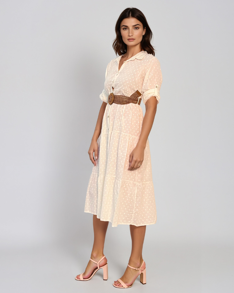 Rochie lungă cu buline mici și curea crem PR869
