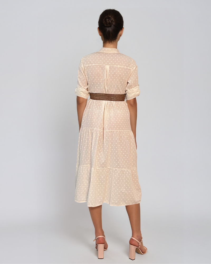 Rochie lungă cu buline mici și curea crem PR869