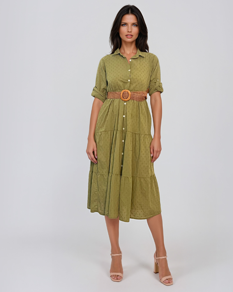 Rochie lungă cu buline mici și curea kaki PR869
