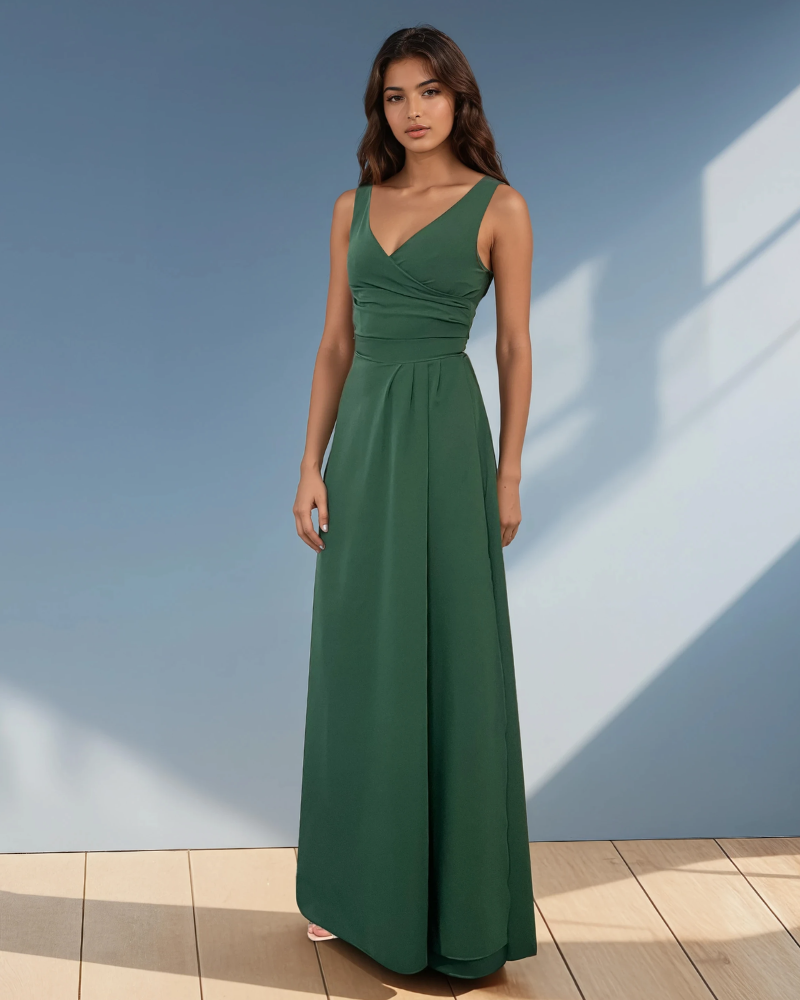 Rochie lungă cu decolteu în V verde 