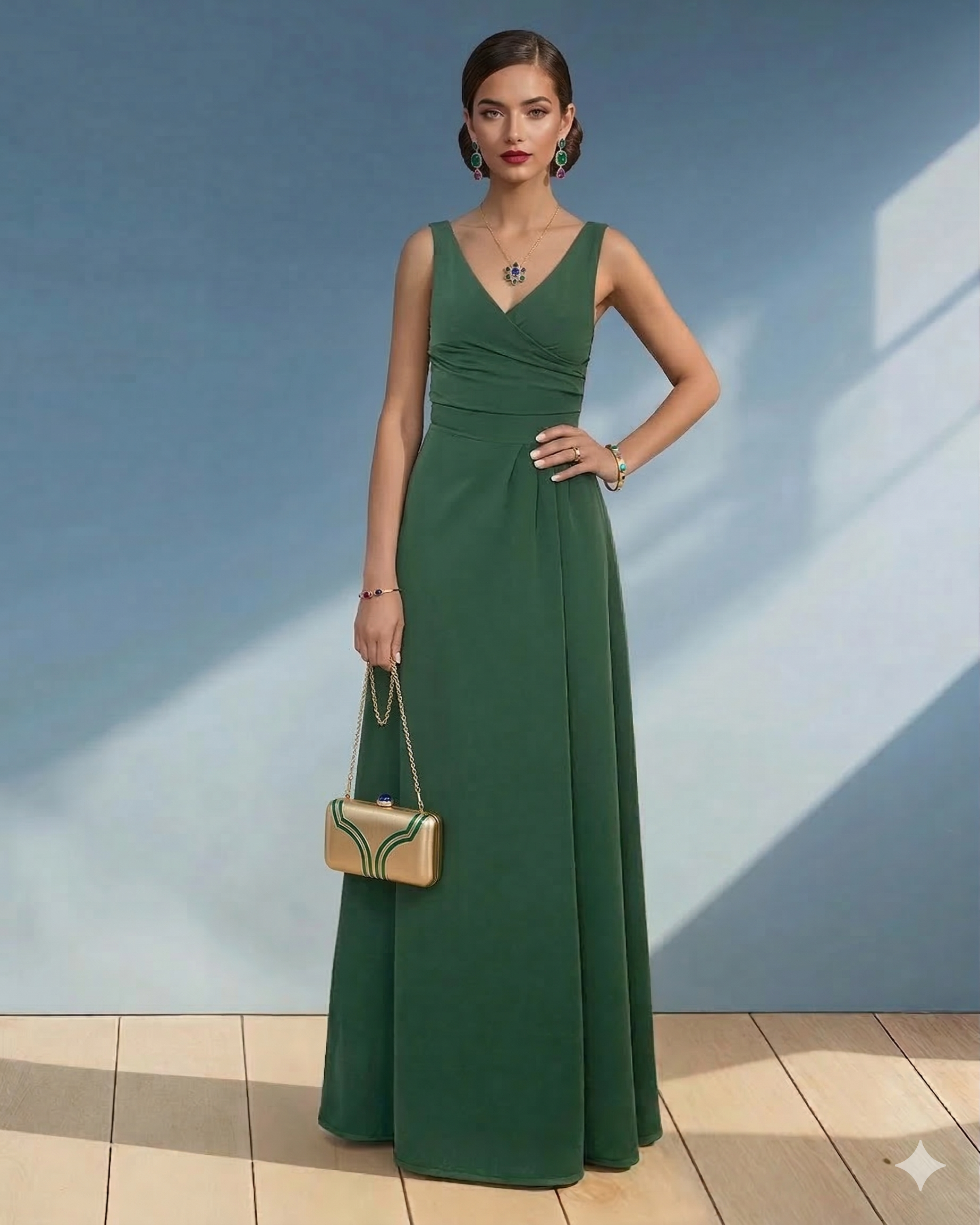 Rochie lungă cu decolteu în V verde 