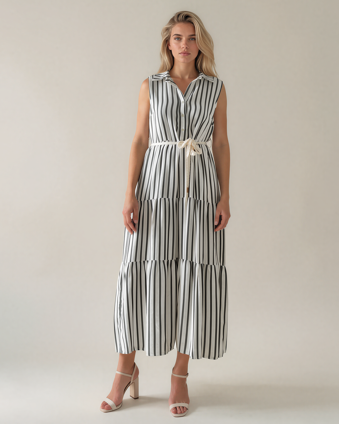 Rochie lungă cu dungi și șiret kaki PR995