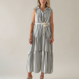 Rochie lungă cu dungi și șiret kaki PR995