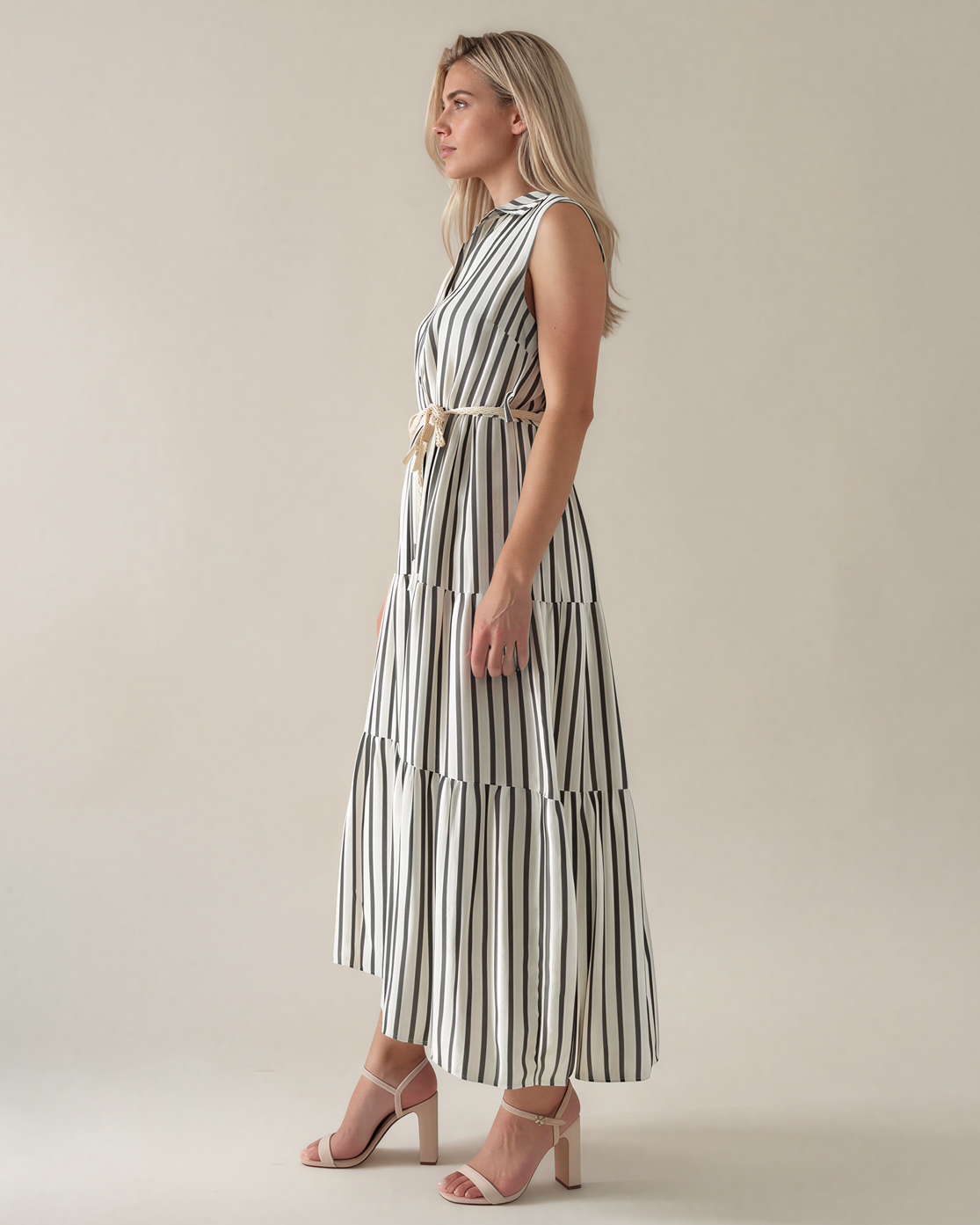 Rochie lungă cu dungi și șiret kaki PR995