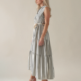 Rochie lungă cu dungi și șiret kaki PR995