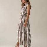 Rochie lungă cu dungi și șiret maro PR995