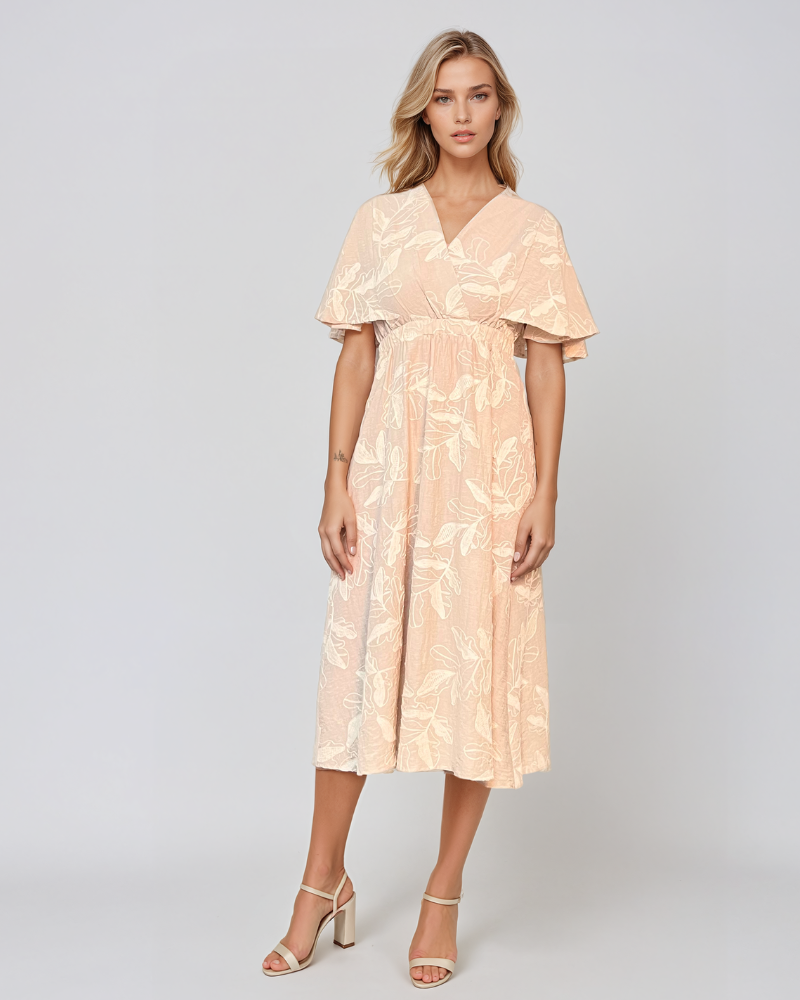 Rochie lungă cu flori brodate și mâneci scurte ample beige HL061