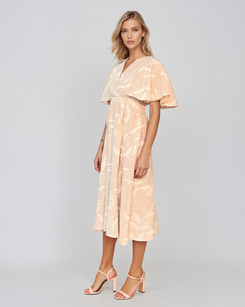 Rochie lungă cu flori brodate și mâneci scurte ample beige HL061