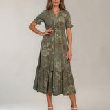 Rochie lungă cu imprimeu floral, decolteu petrecut și volane kaki PR994