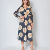 Rochie lungă cu print floral, mânecă lungă, elastic talie, decolteu în V bleumarin 