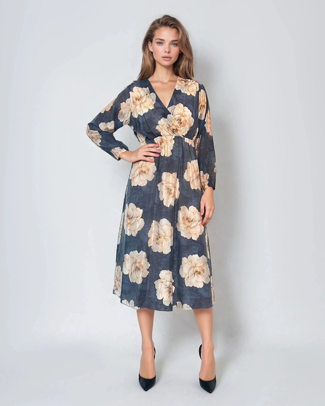 Rochie lungă cu print floral, mânecă lungă, elastic talie, decolteu în V bleumarin 