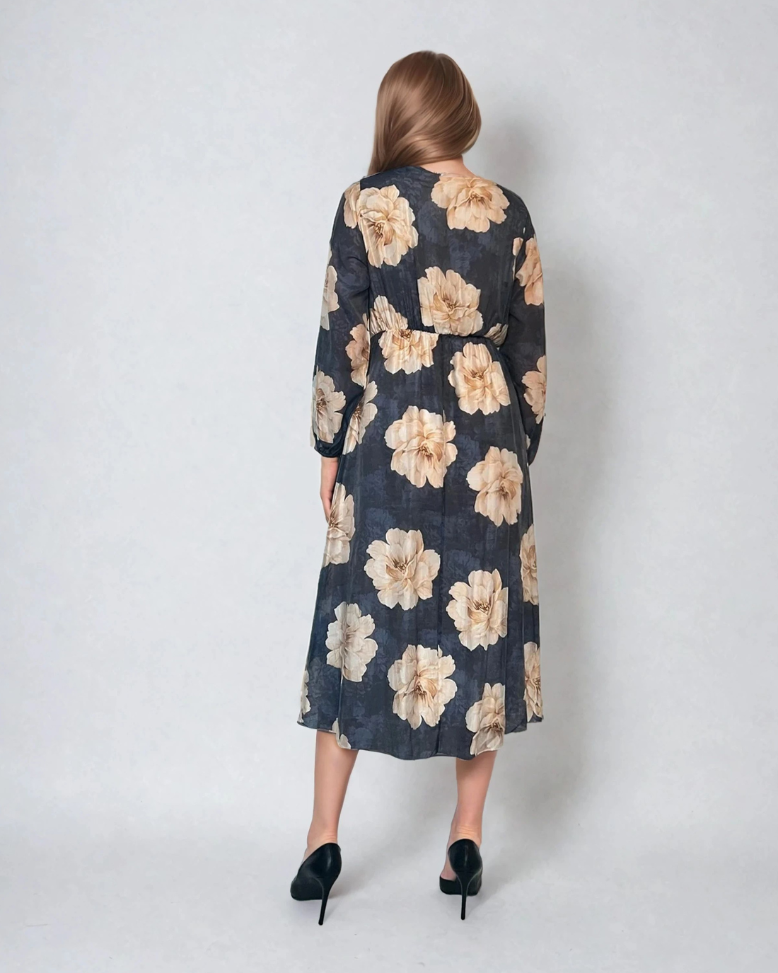Rochie lungă cu print floral, mânecă lungă, elastic talie, decolteu în V bleumarin 