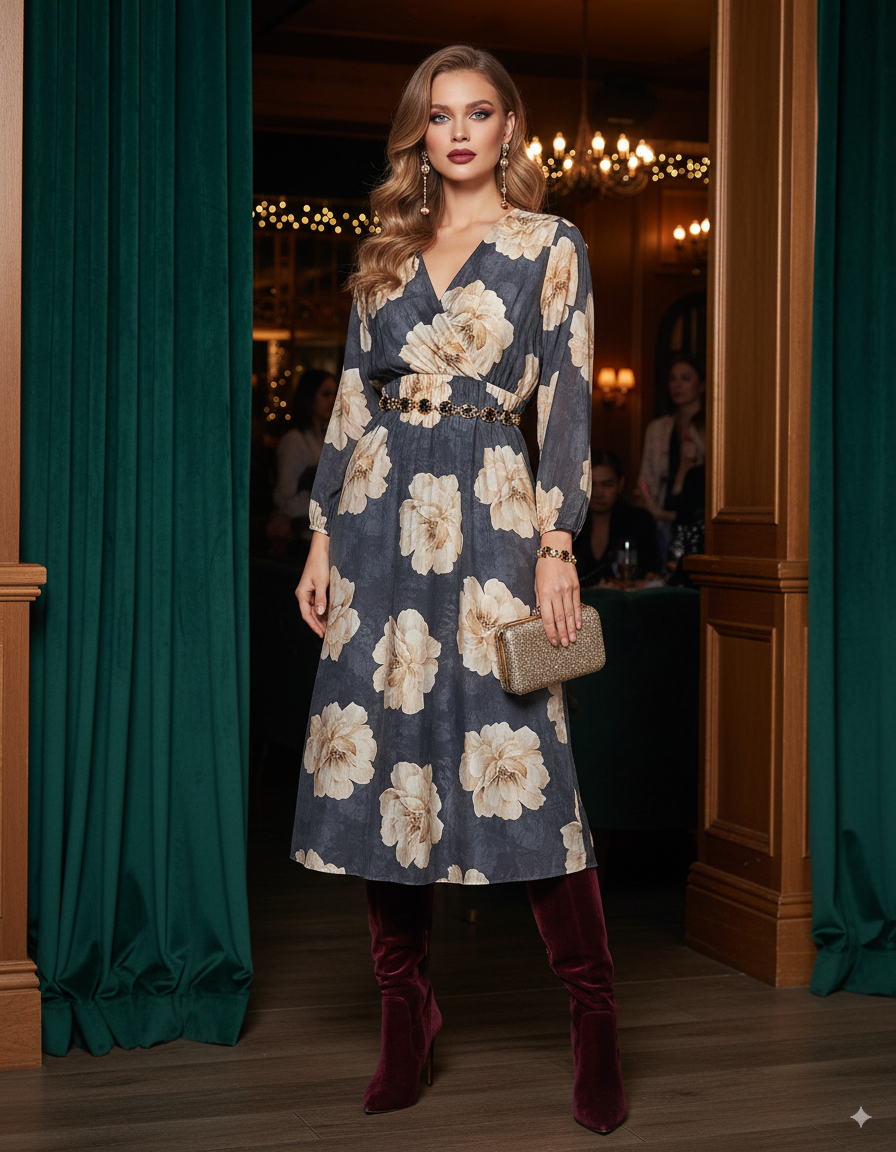 Rochie lungă cu print floral, mânecă lungă, elastic talie, decolteu în V bleumarin 