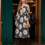 Rochie lungă cu print floral, mânecă lungă, elastic talie, decolteu în V bleumarin 