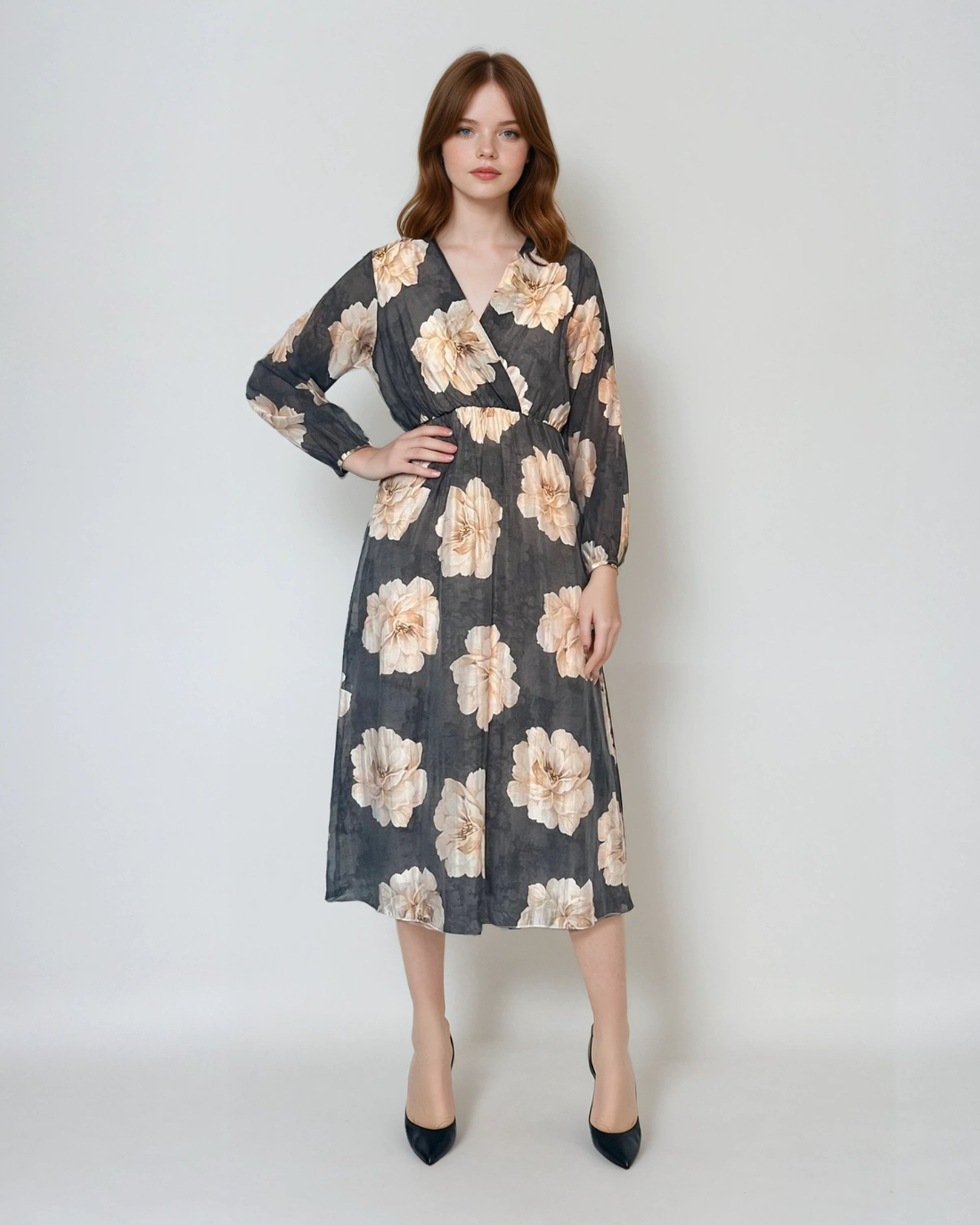Rochie lungă cu print floral, mânecă lungă, elastic talie, decolteu în V negru 