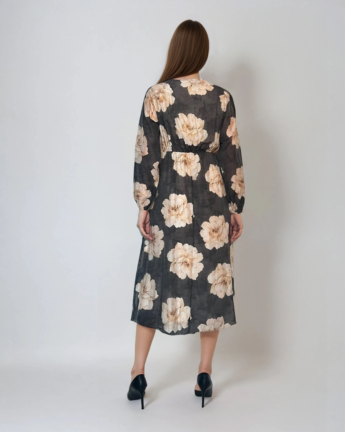 Rochie lungă cu print floral, mânecă lungă, elastic talie, decolteu în V negru 