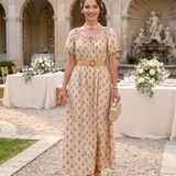 Rochie lungă cu print geometric și curea beige PN025