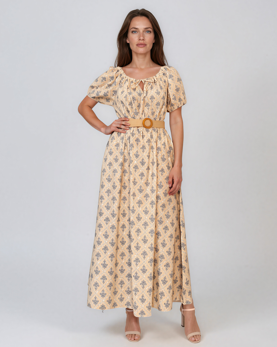 Rochie lungă cu print geometric și curea beige PN025