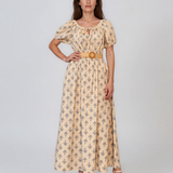Rochie lungă cu print geometric și curea beige PN025