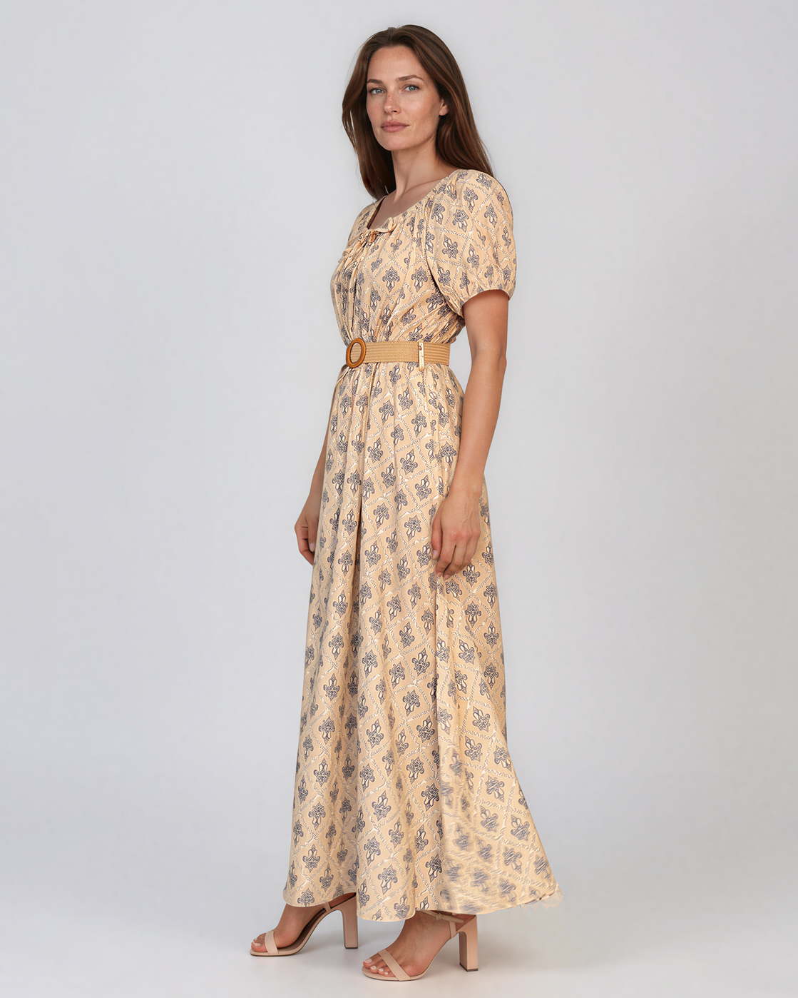 Rochie lungă cu print geometric și curea beige PN025