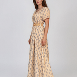 Rochie lungă cu print geometric și curea beige PN025