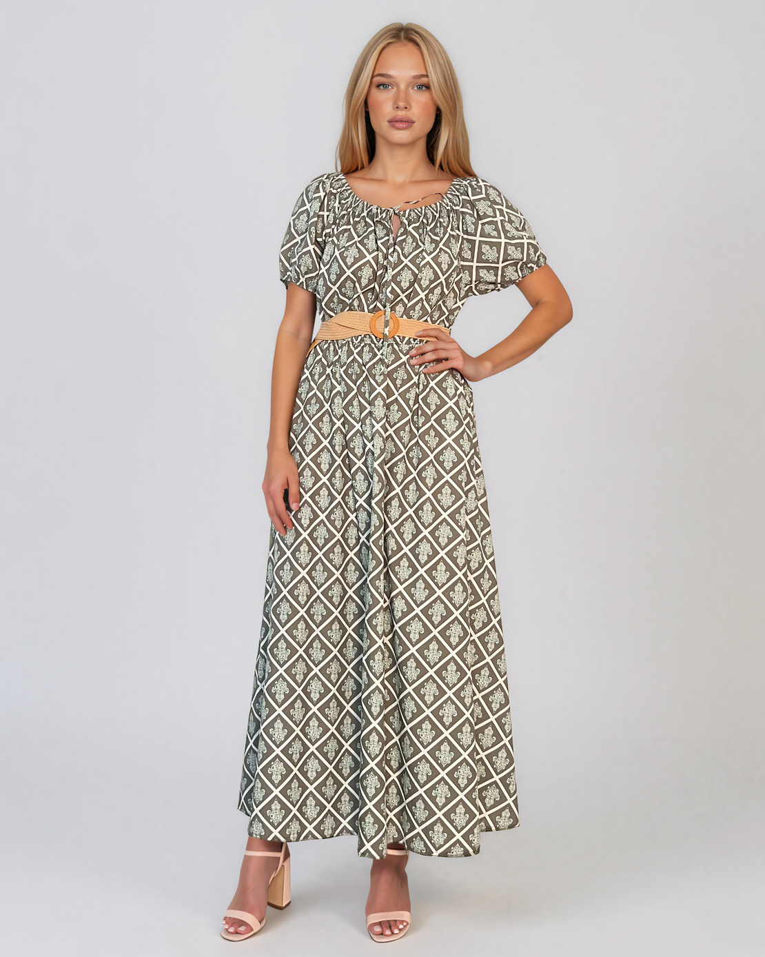 Rochie lungă cu print geometric și curea kaki PN025
