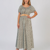 Rochie lungă cu print geometric și curea kaki PN025