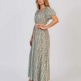 Rochie lungă cu print geometric și curea kaki PN025
