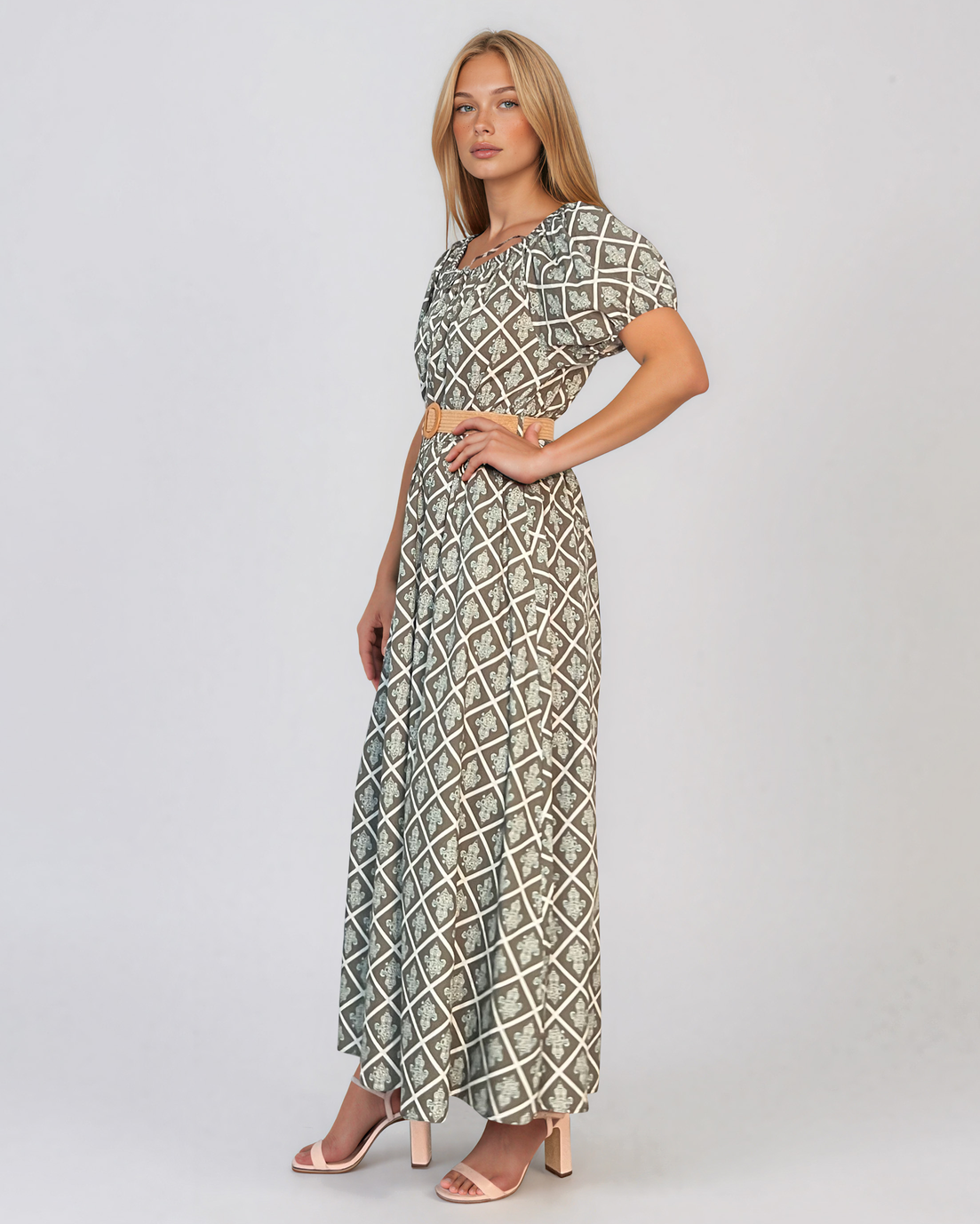 Rochie lungă cu print geometric și curea kaki PN025