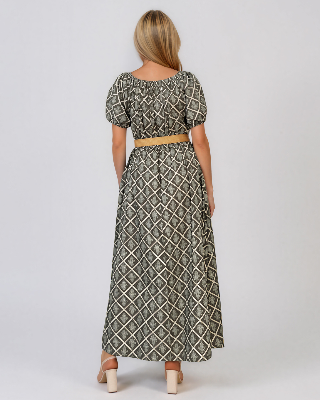 Rochie lungă cu print geometric și curea kaki PN025