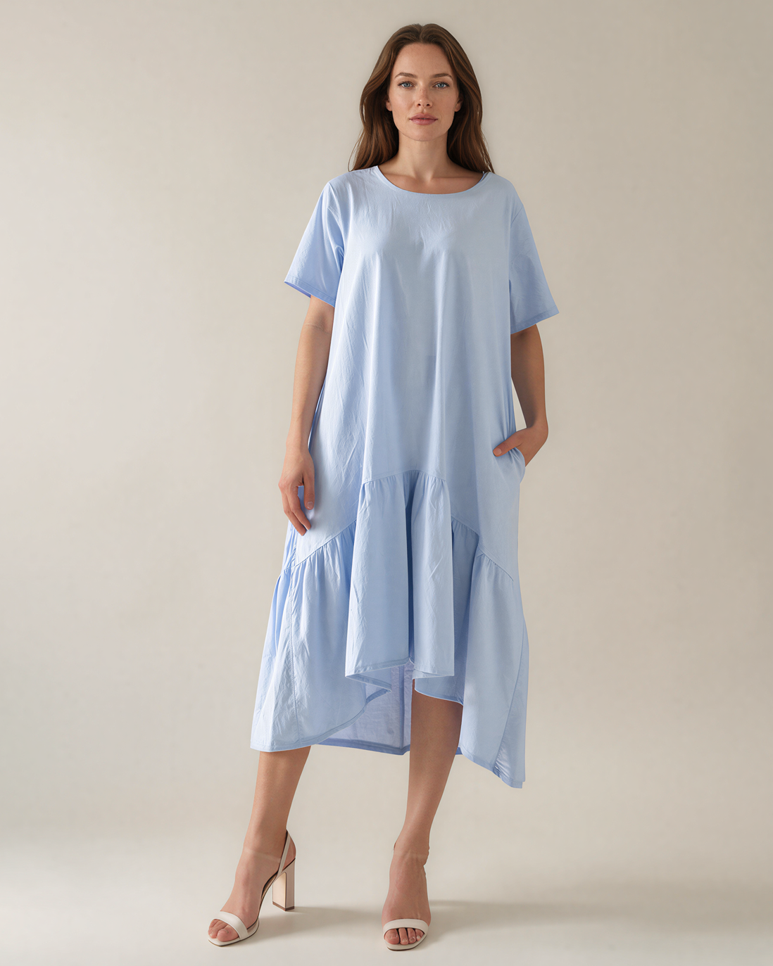 Rochie lungă cu volan, buzunare și nasturi decorativi pe spate bleu PR996