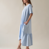 Rochie lungă cu volan, buzunare și nasturi decorativi pe spate bleu PR996