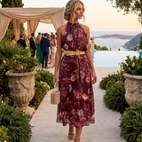 Rochie lungă din bumbac cu print floral și centură în talie grena PR960