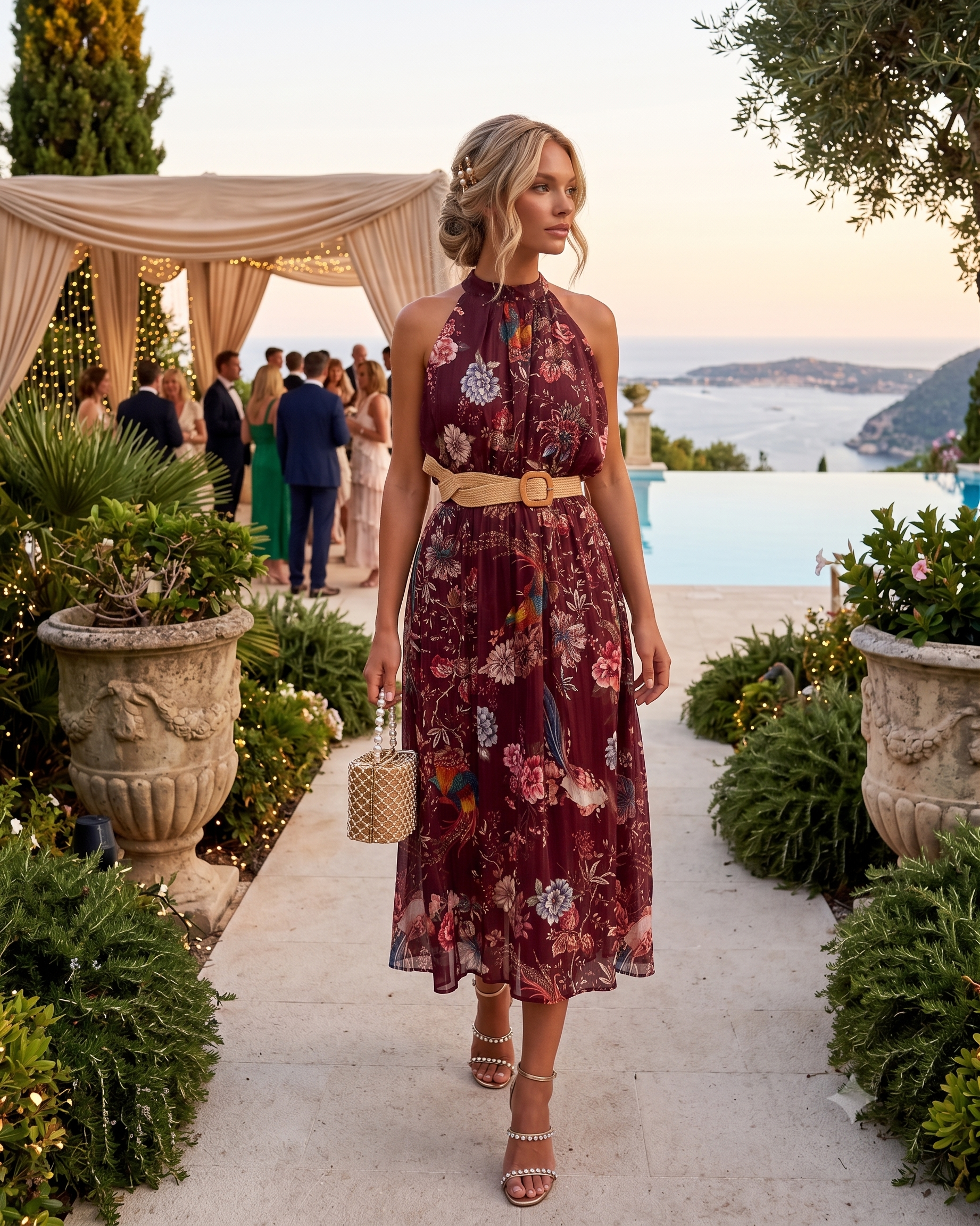 Rochie lungă din bumbac cu print floral și centură în talie grena PR960
