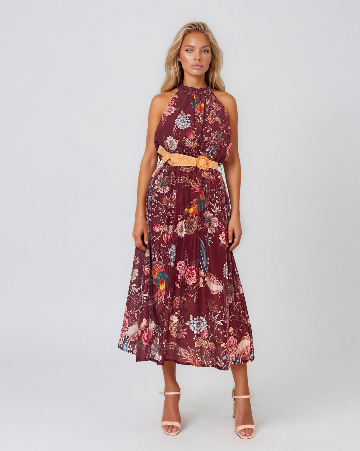 Rochie lungă din bumbac cu print floral și centură în talie grena PR960