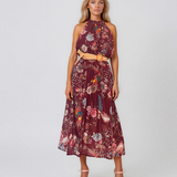 Rochie lungă din bumbac cu print floral și centură în talie grena PR960
