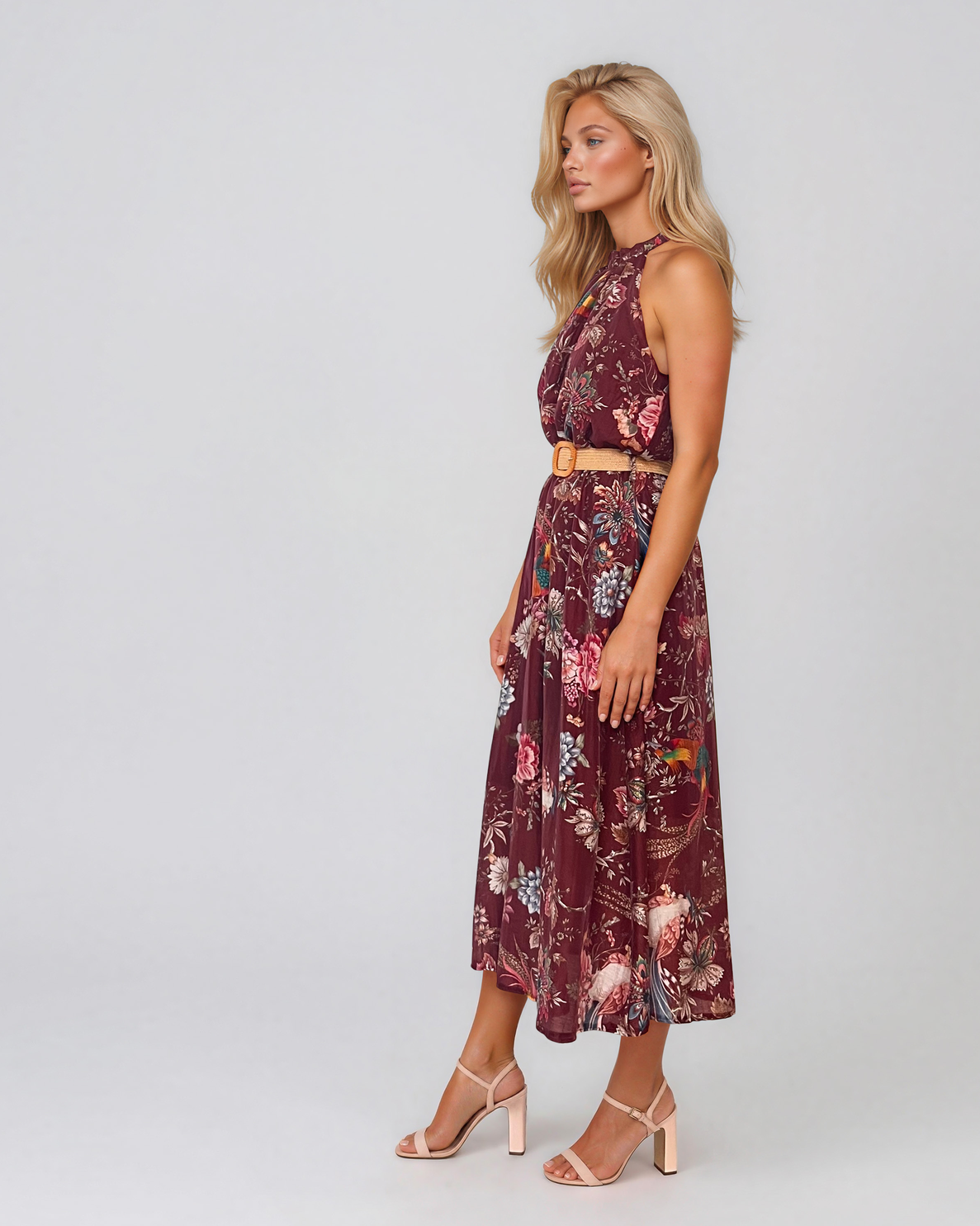 Rochie lungă din bumbac cu print floral și centură în talie grena PR960