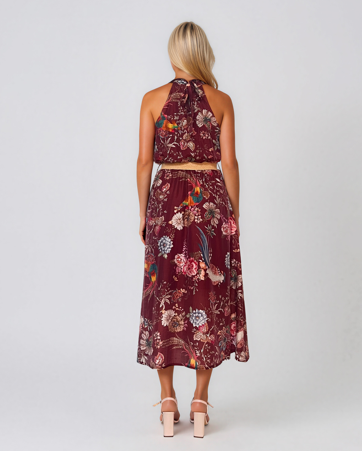 Rochie lungă din bumbac cu print floral și centură în talie grena PR960