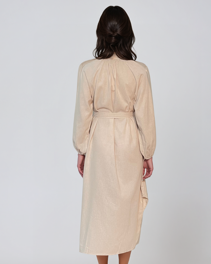 Rochie lungă din in cu flori aplicate beige HL053